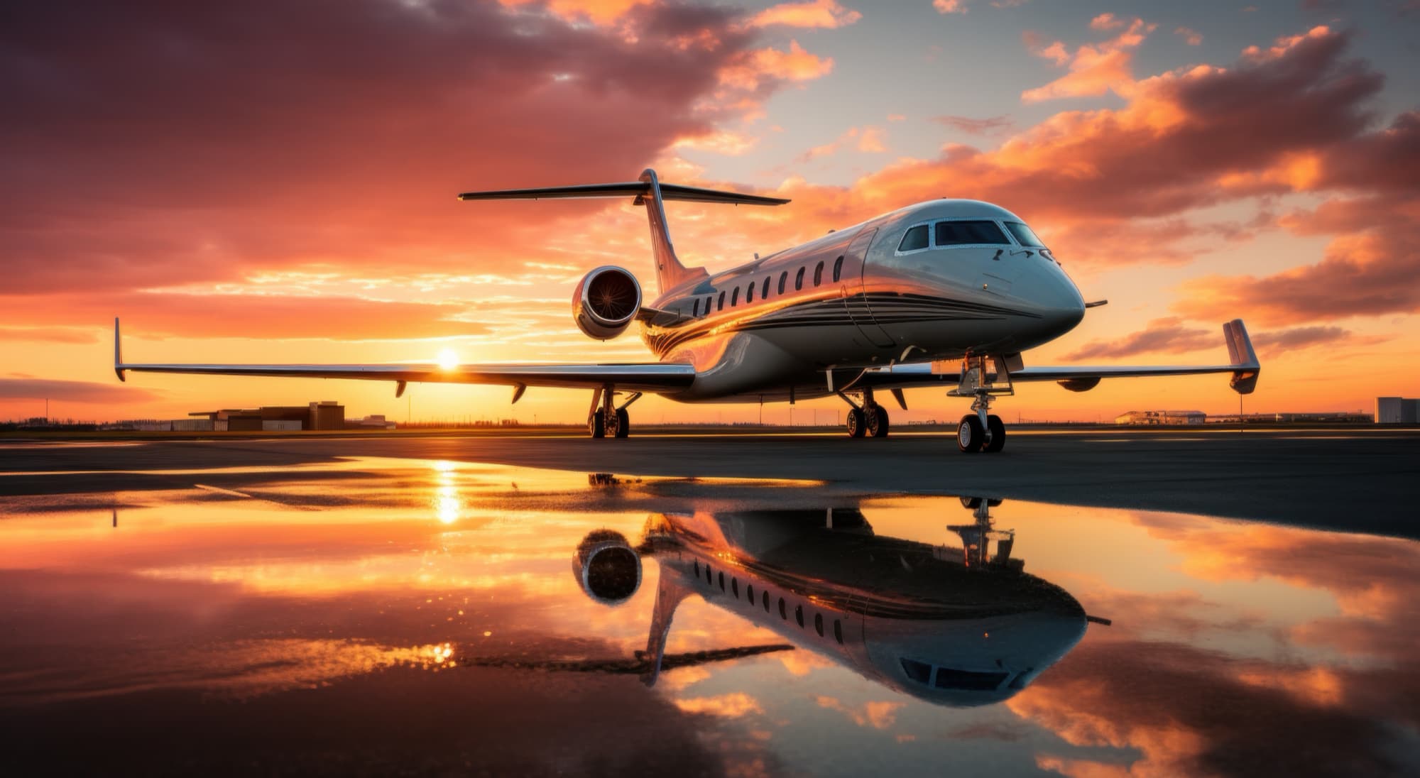 Private jet at sunset above the clouds
