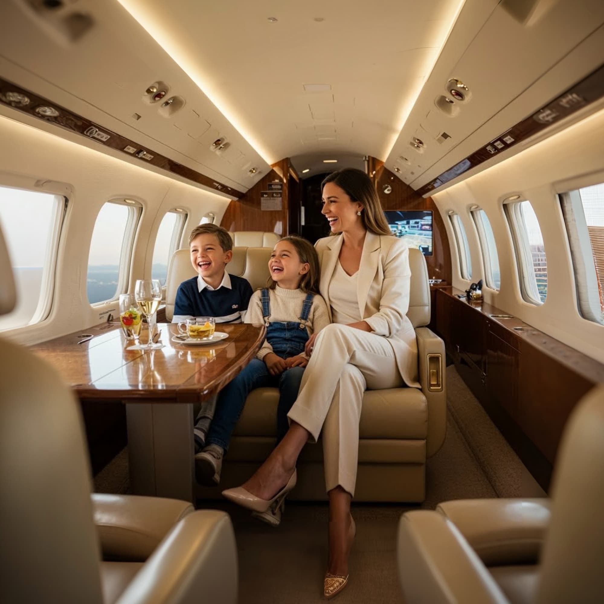 Mother and children enjoying a private jet cabin